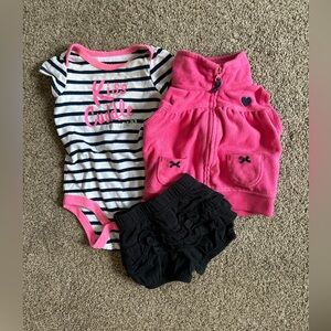 Y2K Baby Girl Outfit- Ruffle Bottoms, Fleece Zip Vest, Striped Shirt